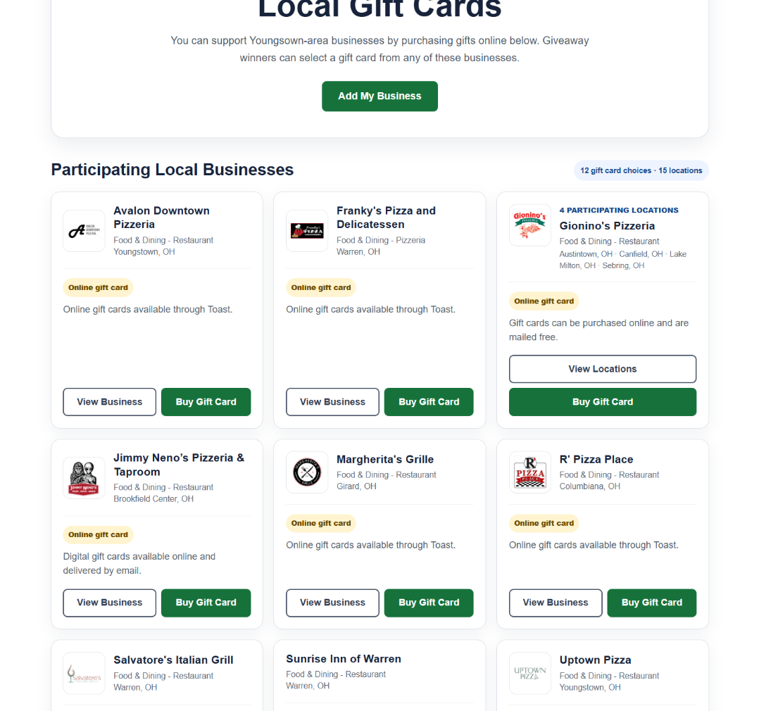 Example Local Leader community gift-card directory showing participating local businesses